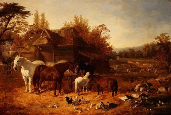 The Farmyard with Horses, Ponies, Berkshire Saddle Backs, Alderney Shorthorn Cattle and Poultry by John Frederick Herring, Sr.