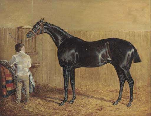 A racehorse in a stable with a groom by John Frederick Herring, Sr.