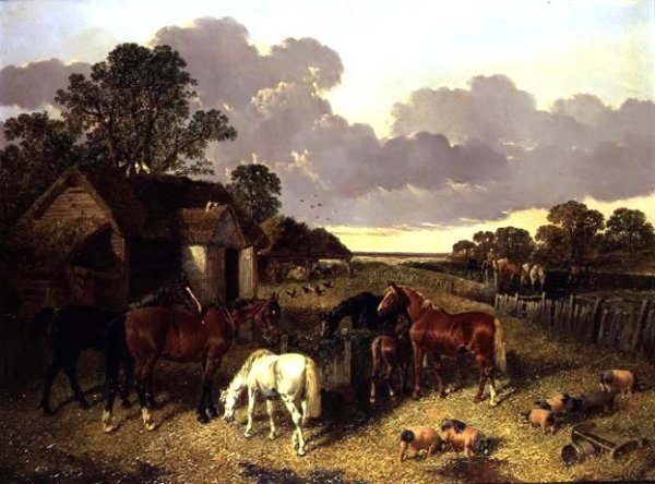 Horses, Pigs, Poultry, Duck and Cattle in a Farmyard