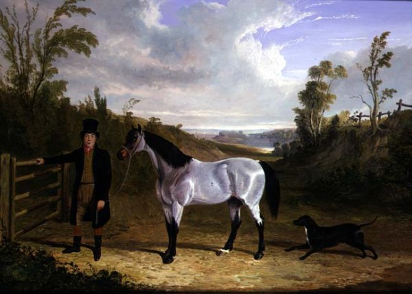 Benjamin Smith's Groom Leslie, with favourite hunter 'Avondale' in a landscape