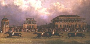 Preparing to start for the Doncaster Gold Cup, 1825, with Mr. Whitaker's 'Lottery', Mr. Craven's 'Longwaist', Mr.Lambton's 'Cedric' and Mr. Farquharson's 'Figaro'