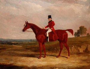 Sir Hugh Hamilton Mortimer, Master of the Old Surrey Foxhounds, on a chestnut hunter in an extensive landscape