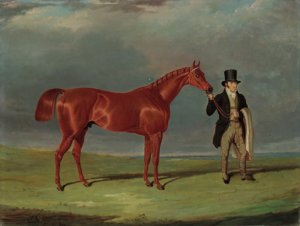 Bedlamite, a chestnut racehorse held by his trainer, in an extensive landscape