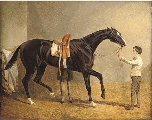 Queen of Trumps in a stable, with two grooms