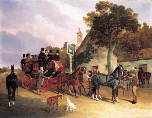 The London-to-Leeds stage coach changing horses at the Swan Inn, Bottisham, Cambridge