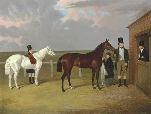 Vespa, a brown filly, held by her owner, Sir Mark Wood, Bt., her trainer seen leaning on a stable door, and a groom with a grey pony in attendance