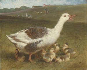 A goose and goslings in a landscape, figures beyond