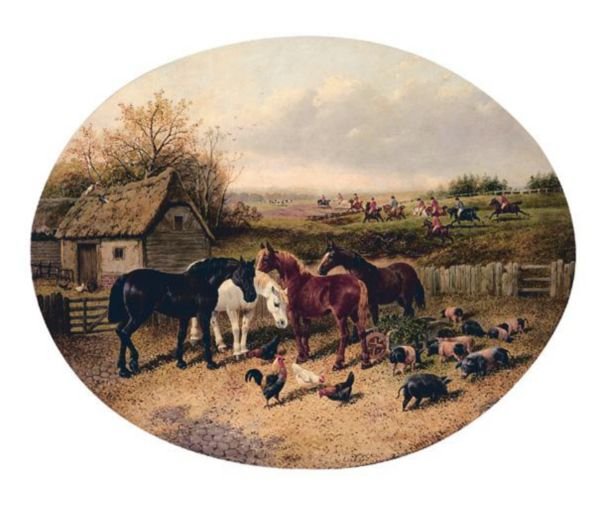 Farmyard With The Hunt In The Distance