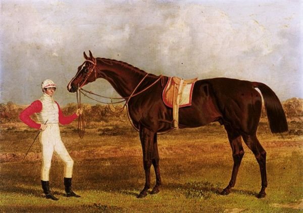 Euclid, A Chestnut Racehorse Held By His Jockey, Patrick Conolly, In A Landscape