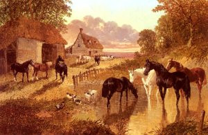 The Evening Hour - Horses And Cattle By A Stream At Sunset