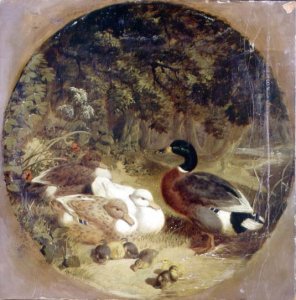 Ducks and Ducklings in a Wooded River Landscape