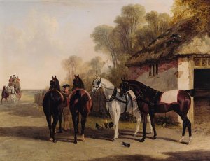 The Posting Inn, a change of horses waiting on a road with a mail coach approaching