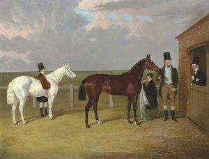 Vespa, a brown filly, held by her owner, Sir Mark Wood, Bt., her trainer seen leaning on a stable door, and a groom with a grey pony in attendance